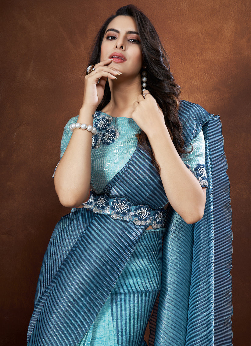 Aqua Blue Banarasi Crush Silk Designer Saree with Blouse