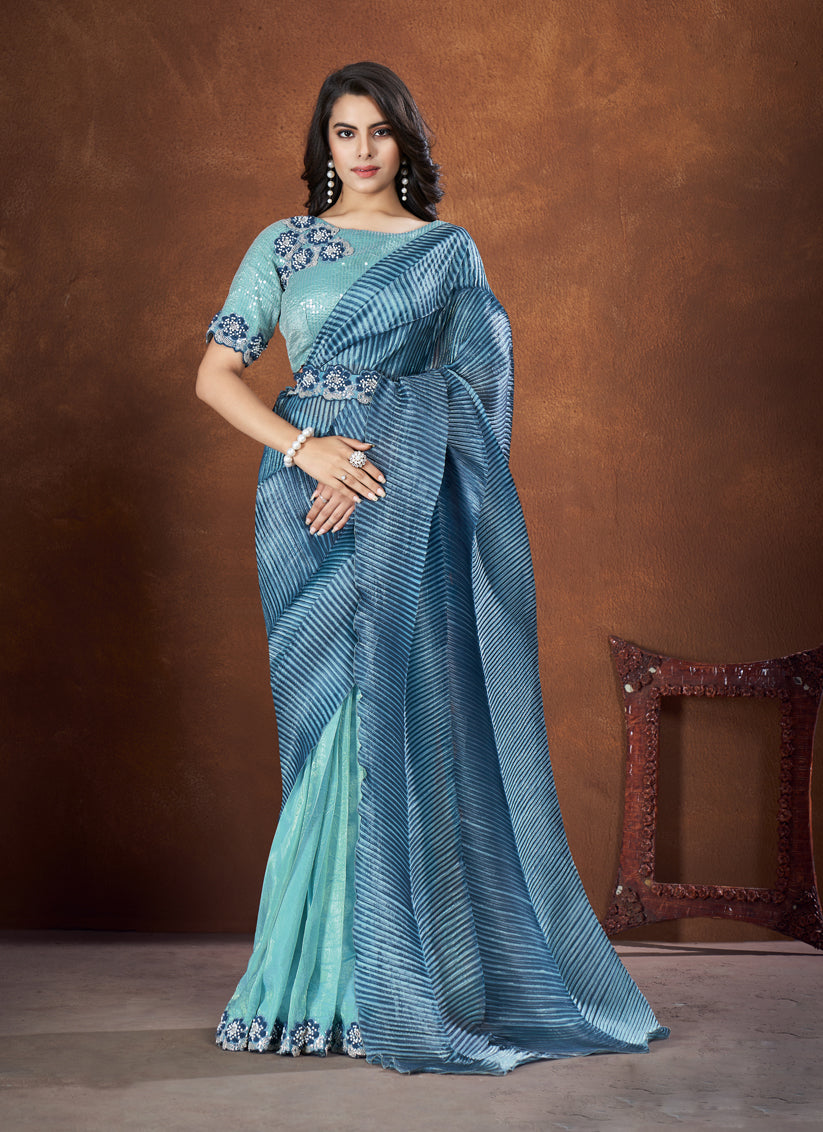 Aqua Blue Banarasi Crush Silk Designer Saree with Blouse