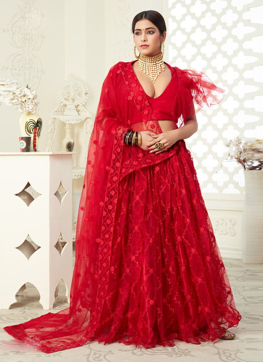 Scarlet Red Net Embroidered Designer Lehenga Choli