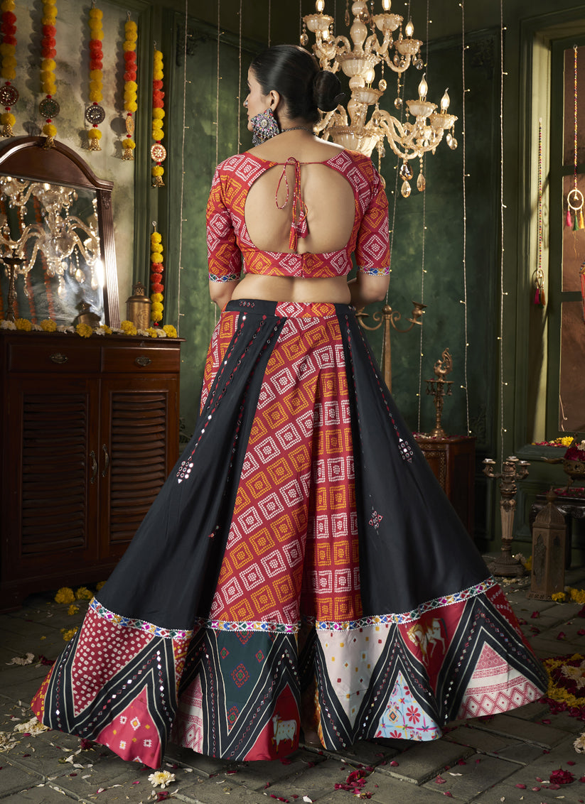 Black Cotton Print With Mirror Work Navratri Special Chaniya Choli