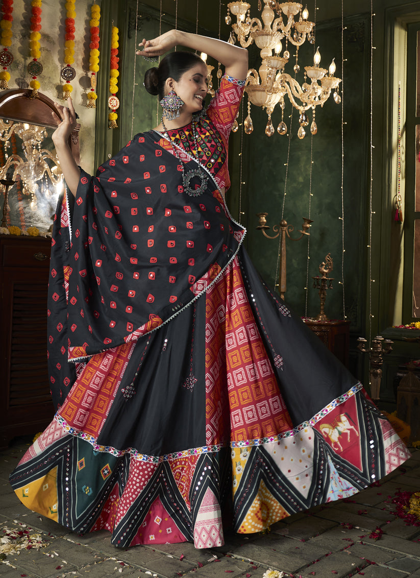 Black Cotton Print With Mirror Work Navratri Special Chaniya Choli