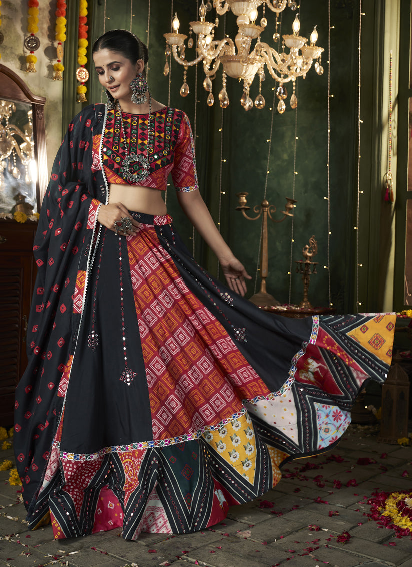 Black Cotton Print With Mirror Work Navratri Special Chaniya Choli