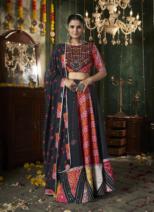 Black Cotton Print With Mirror Work Navratri Special Chaniya Choli