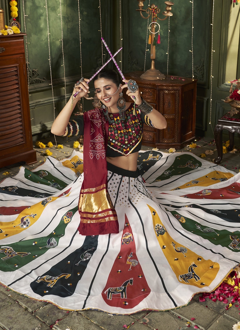 White Cotton Print With Mirror Work Navratri Special Chaniya Choli