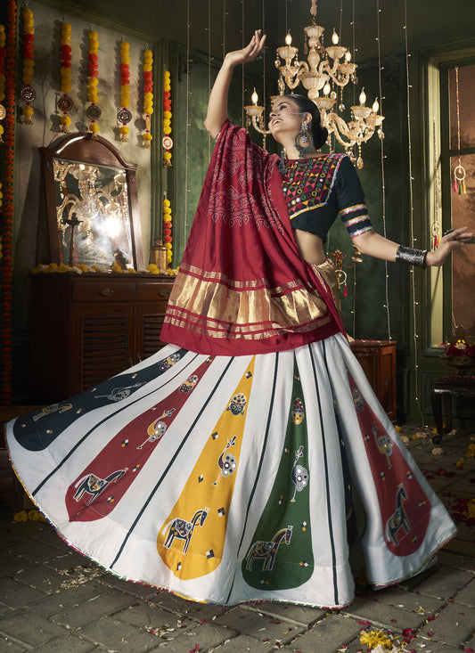 White Cotton Print With Mirror Work Navratri Special Chaniya Choli