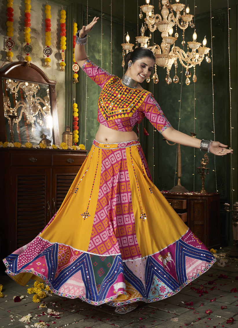 Yellow Cotton Print With Mirror Work Navratri Special Chaniya Choli