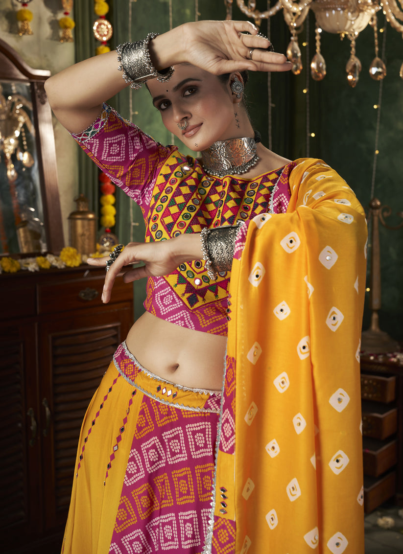 Yellow Cotton Print With Mirror Work Navratri Special Chaniya Choli