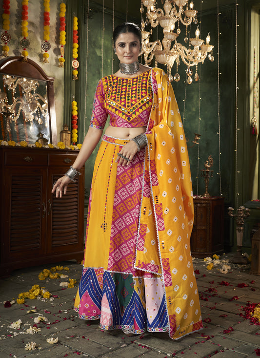 Yellow Cotton Print With Mirror Work Navratri Special Chaniya Choli