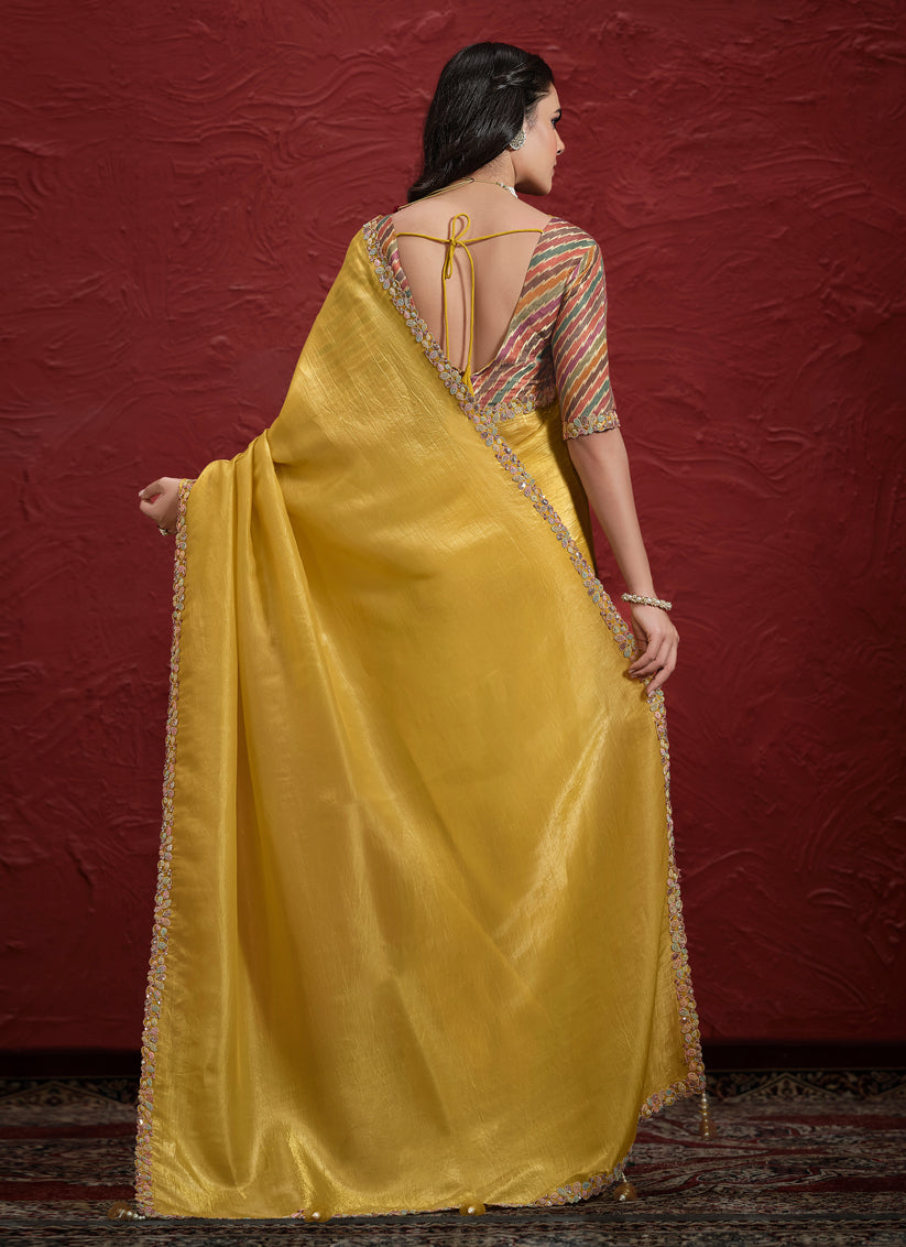 Lemon Yellow Crush Paper Silk Designer Wedding Saree