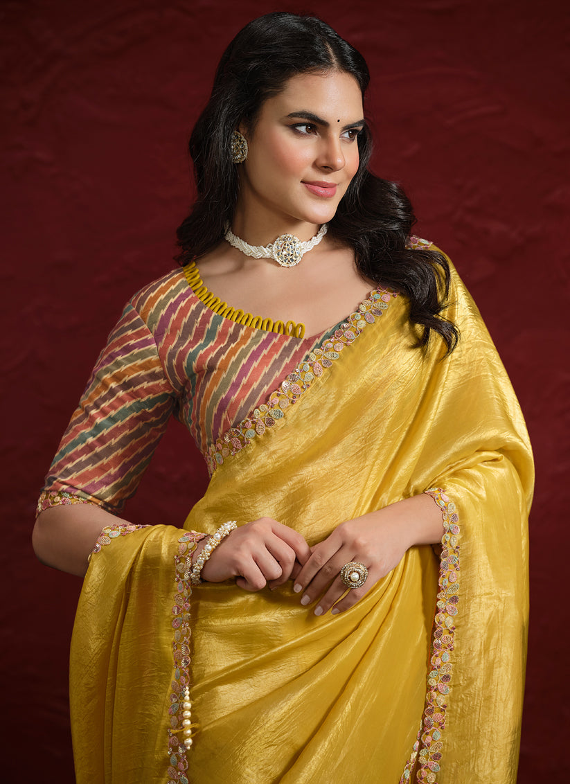 Lemon Yellow Crush Paper Silk Designer Wedding Saree