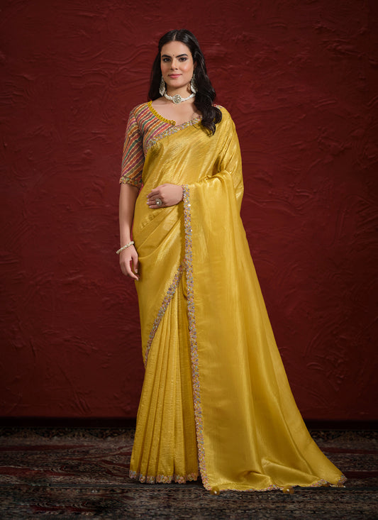 Lemon Yellow Crush Paper Silk Designer Wedding Saree