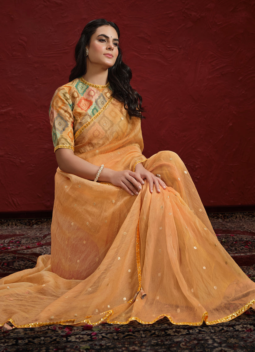 Salmon Orange Jacquard Butti Tusser Designer Wedding Saree