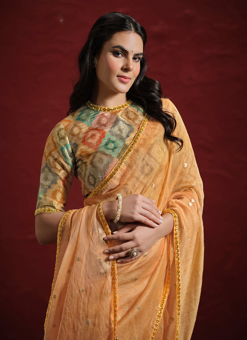 Salmon Orange Jacquard Butti Tusser Designer Wedding Saree