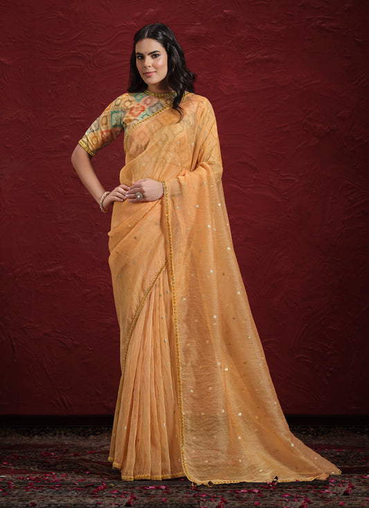 Salmon Orange Jacquard Butti Tusser Designer Wedding Saree