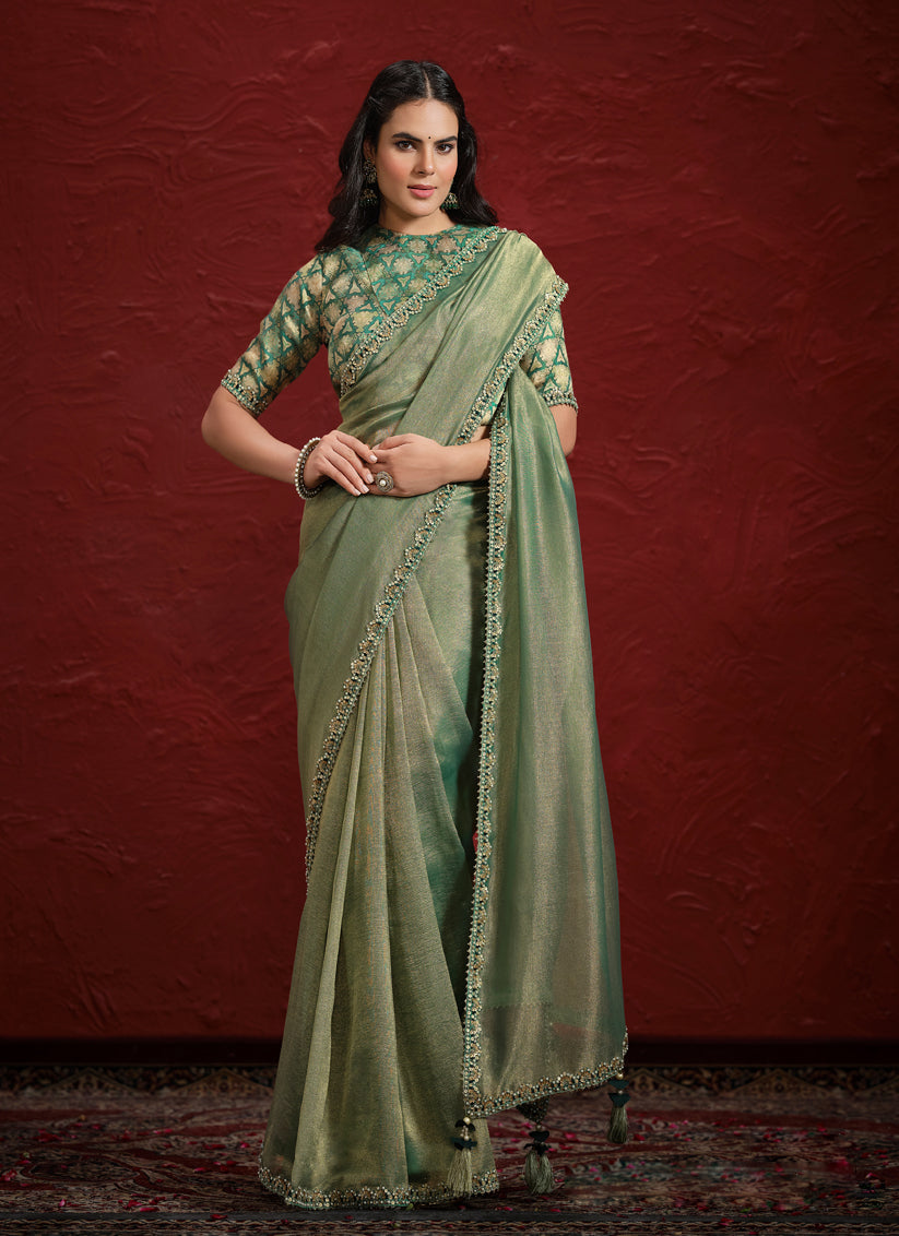 Sage Green Pure Banarasi Zari Designer Wedding Saree