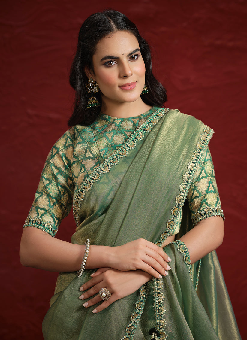 Sage Green Pure Banarasi Zari Designer Wedding Saree