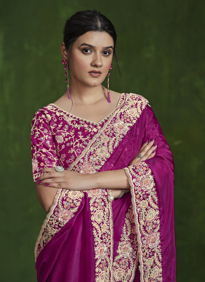 Rani Pink Sequins Embroidered Designer Saree