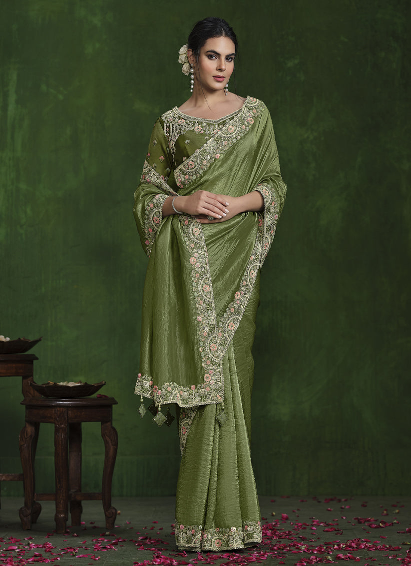 Olive Green Sequins Embroidered Designer Saree