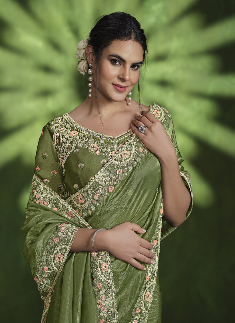 Olive Green Sequins Embroidered Designer Saree