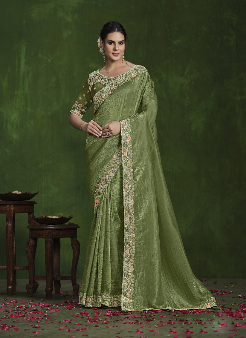 Olive Green Sequins Embroidered Designer Saree