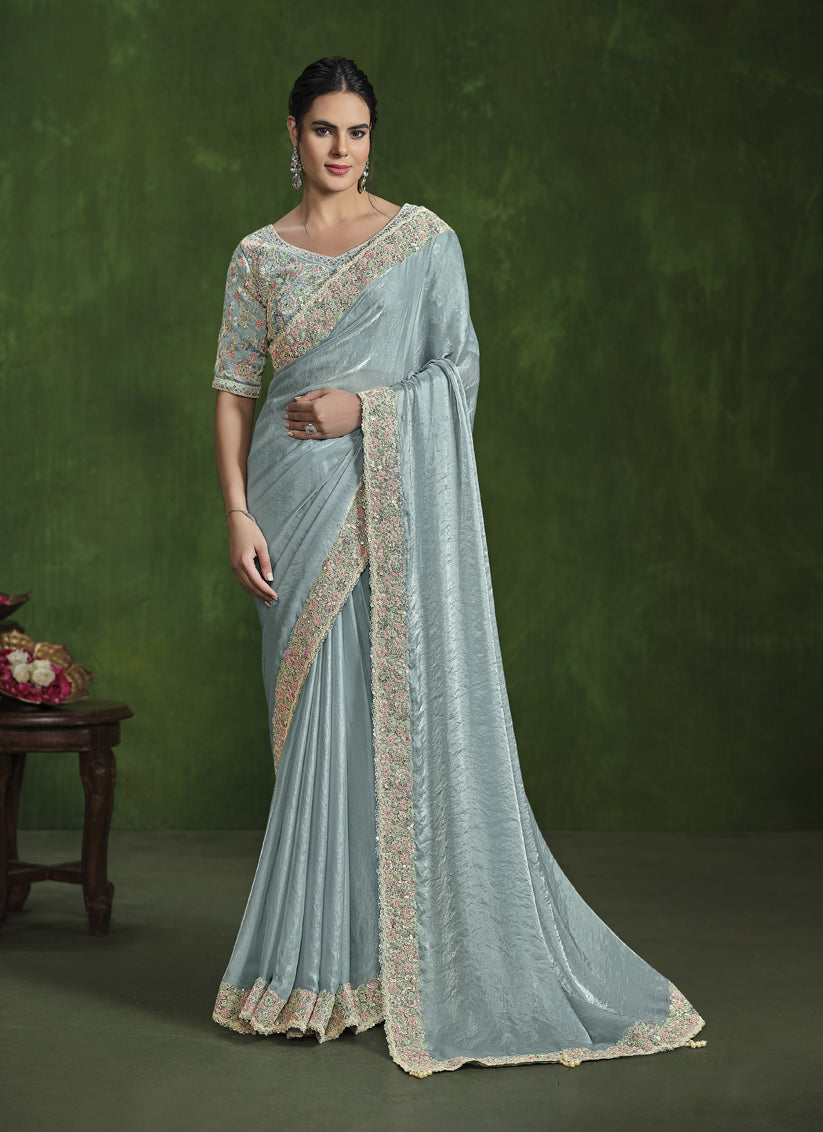 Sea Green Sequins Embroidered Designer Saree