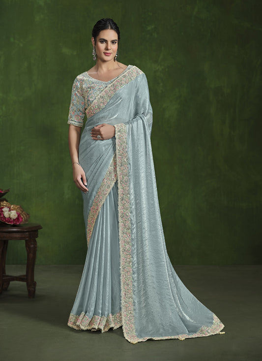 Sea Green Sequins Embroidered Designer Saree