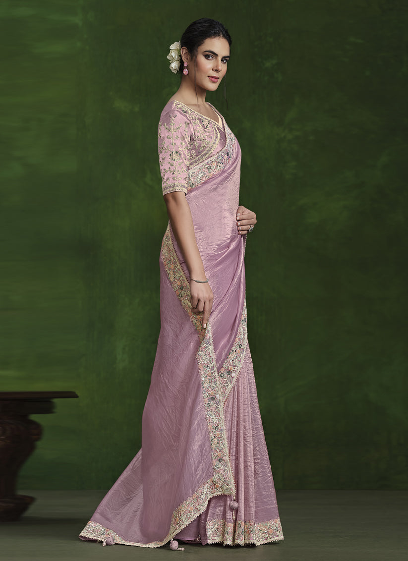 Dusty Pink Sequins Embroidered Designer Saree