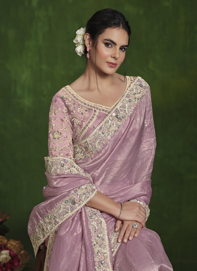 Dusty Pink Sequins Embroidered Designer Saree