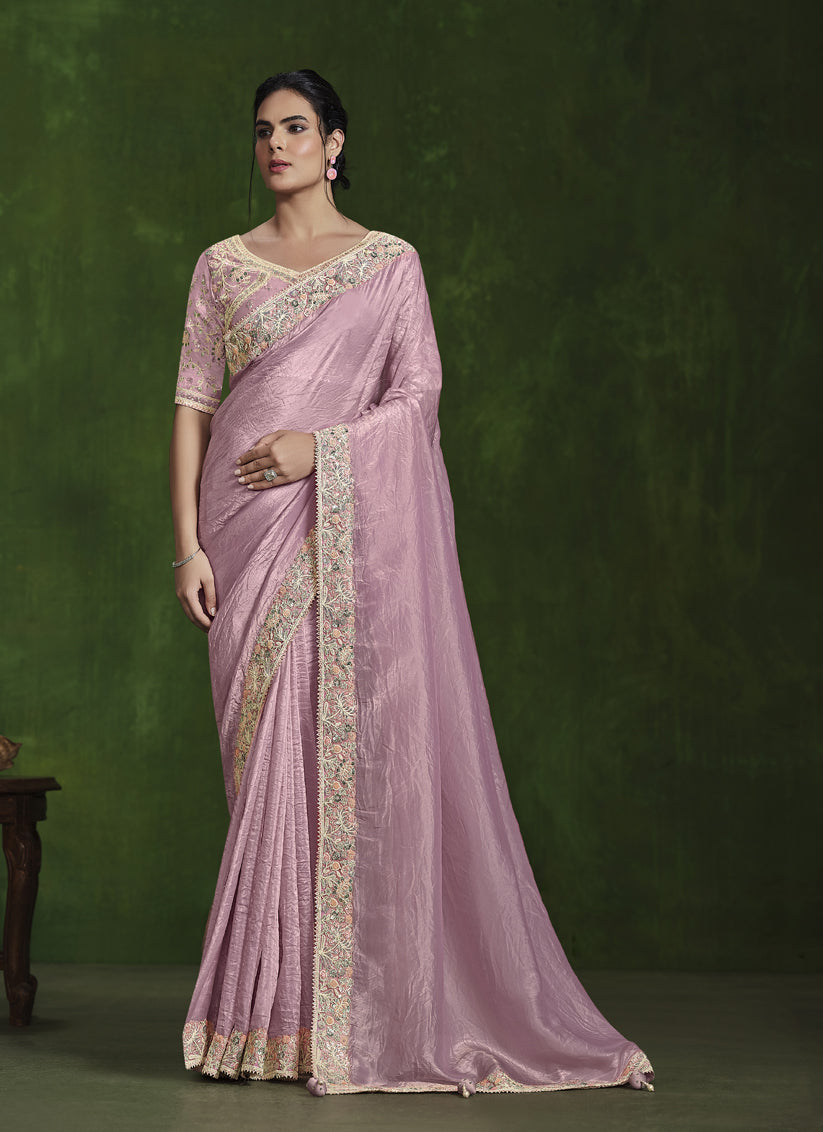 Dusty Pink Sequins Embroidered Designer Saree