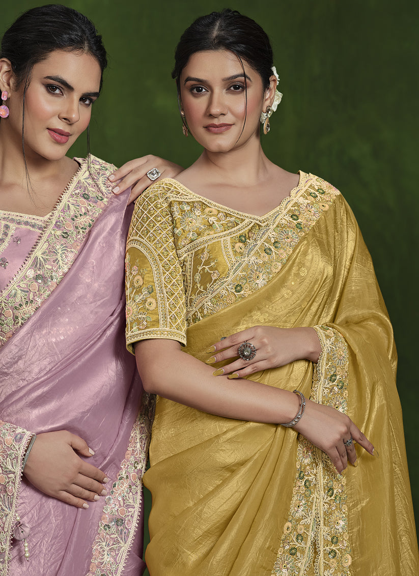 Corn Yellow Sequins Embroidered Designer Saree