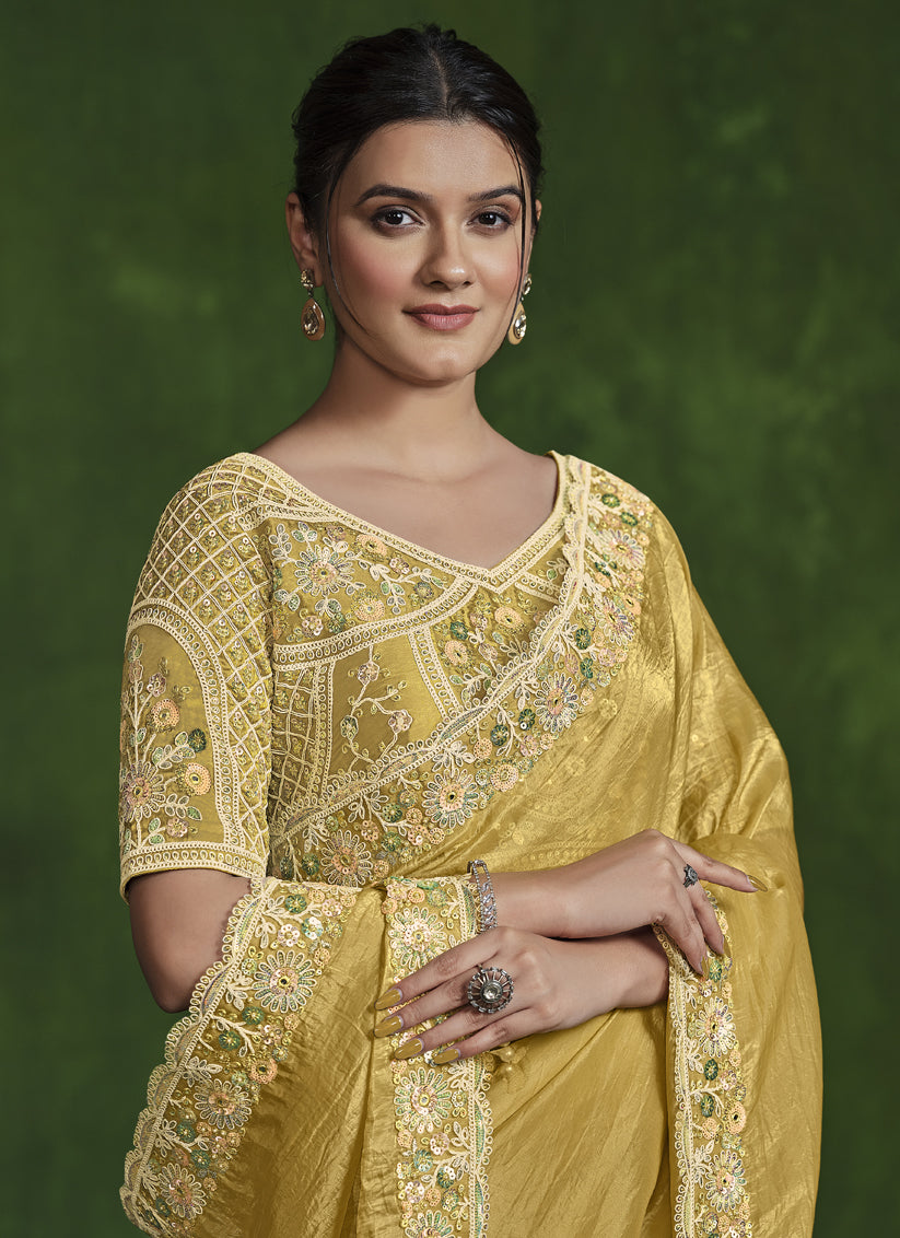 Corn Yellow Sequins Embroidered Designer Saree