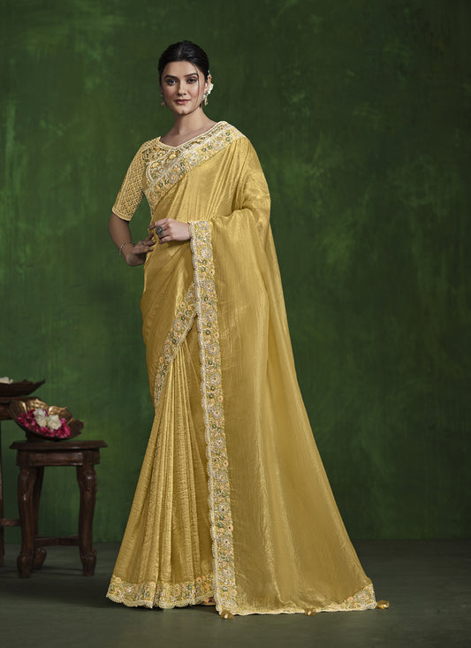 Corn Yellow Sequins Embroidered Designer Saree