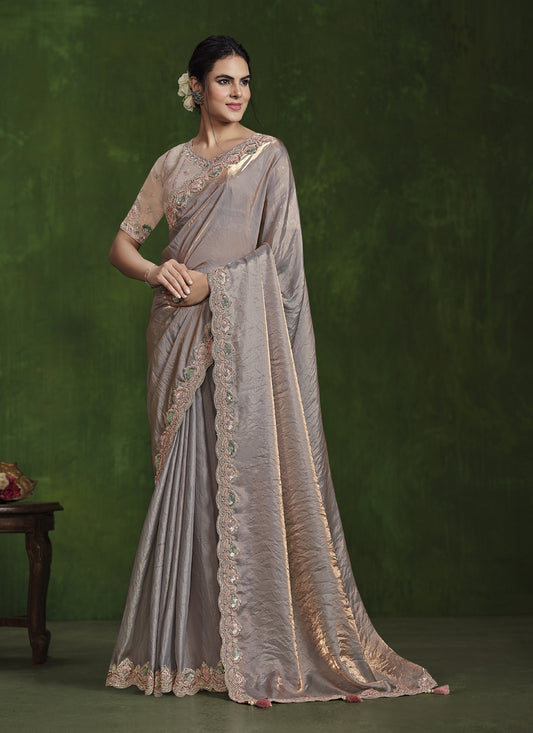 Dusty Peach Sequins Embroidered Designer Saree