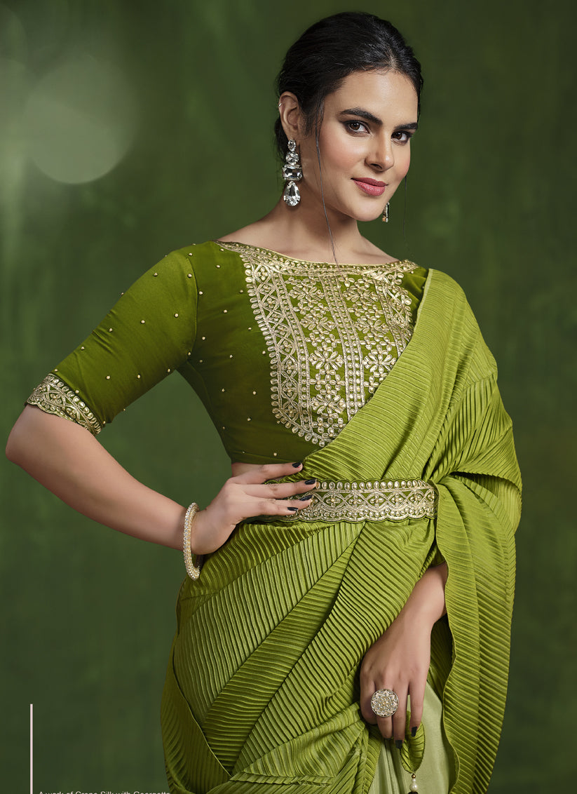 Parrot Green Sequins Embroidered Designer Saree