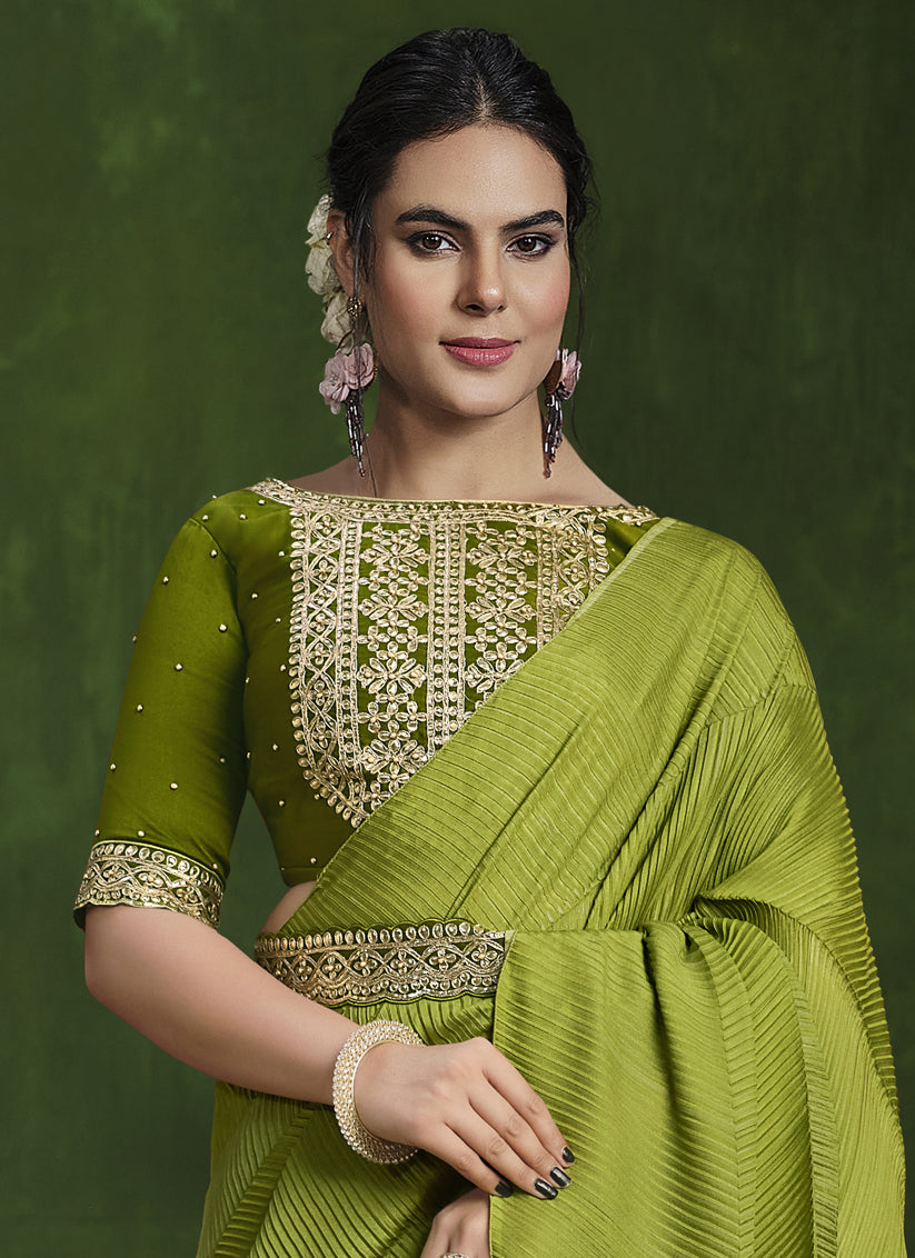 Parrot Green Sequins Embroidered Designer Saree