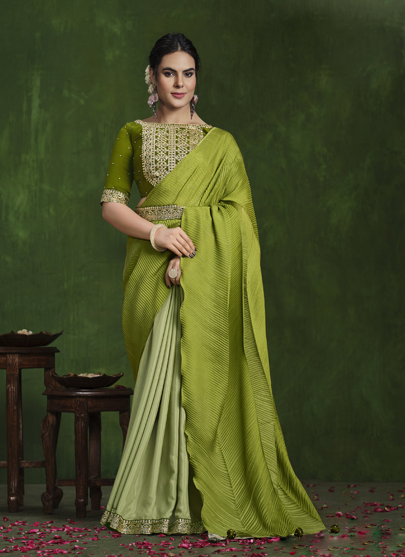 Parrot Green Sequins Embroidered Designer Saree