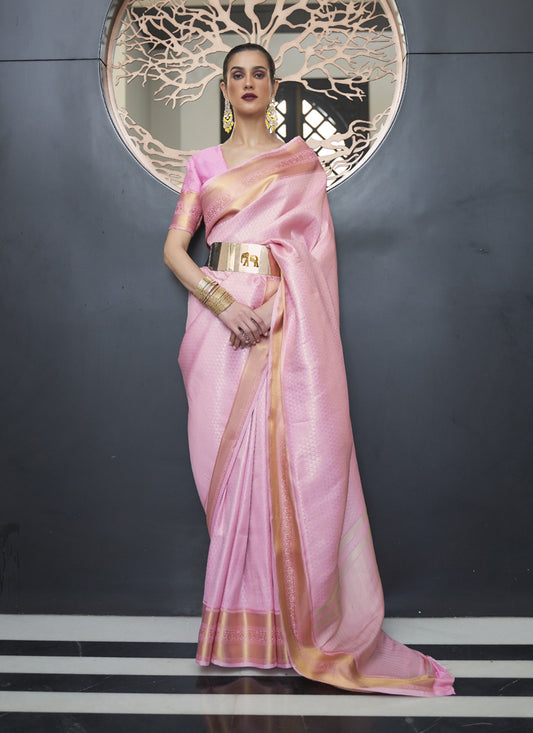 Rose Pink Soft Silk Handloom Weaving Saree