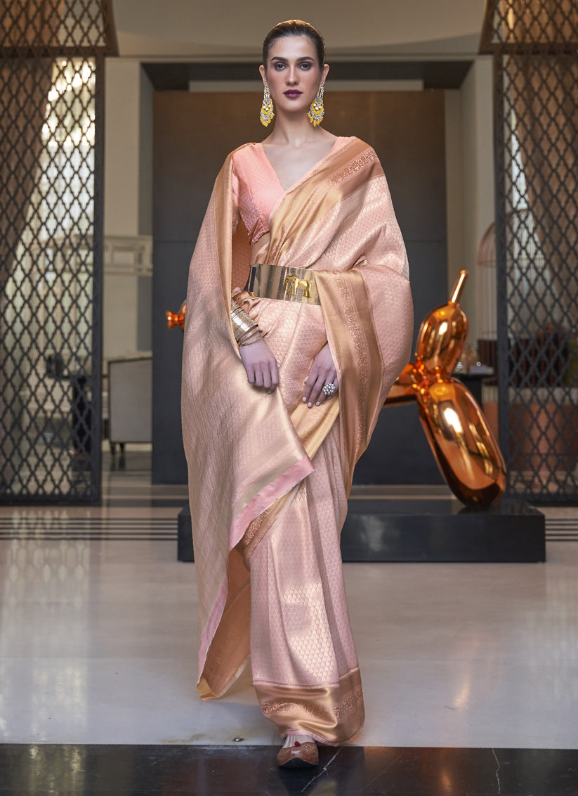 Peach Soft Silk Handloom Weaving Saree