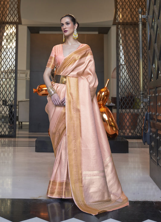 Peach Soft Silk Handloom Weaving Saree