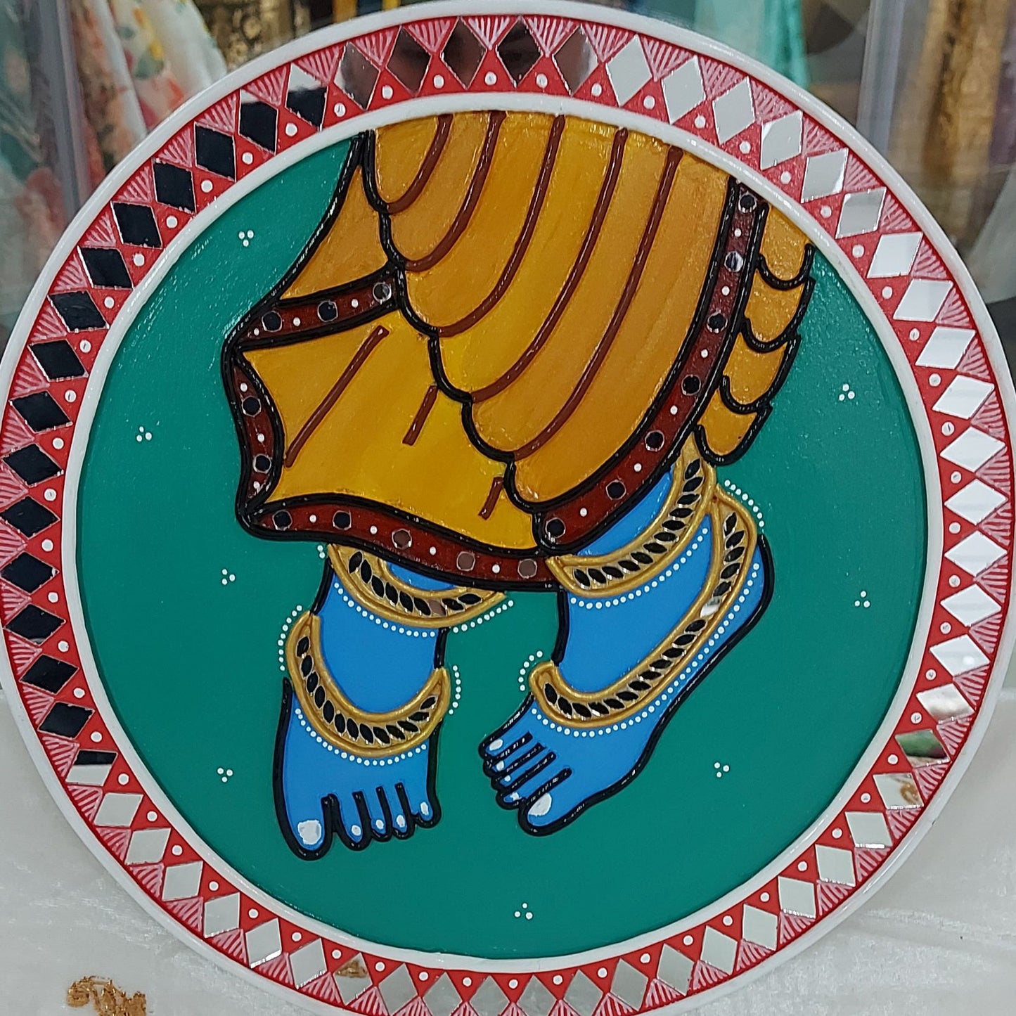 Set of 2 - Krishna Flute-Feet Lippan Art Wall Plate