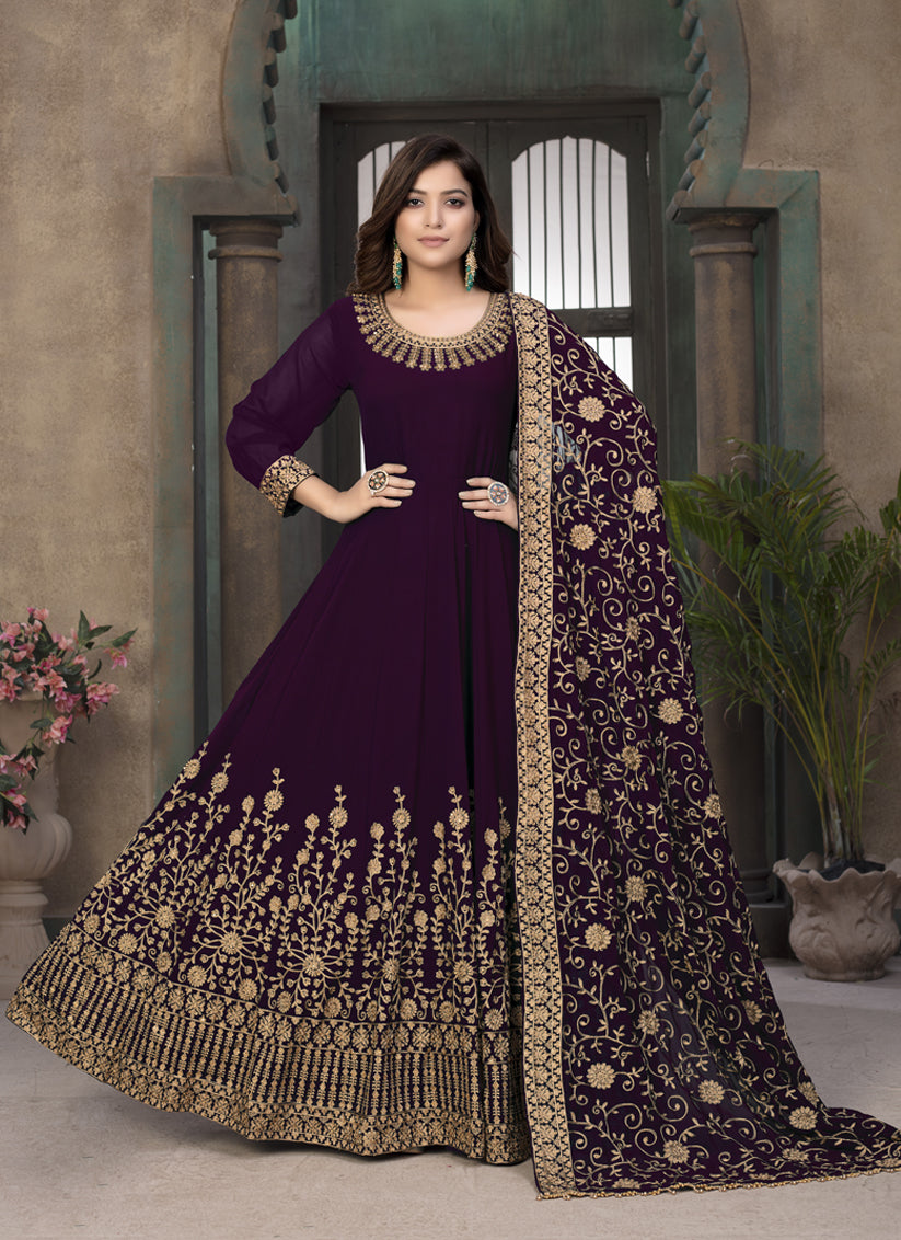 Burgundy Faux Georgette Embroidered Anarkali Suit