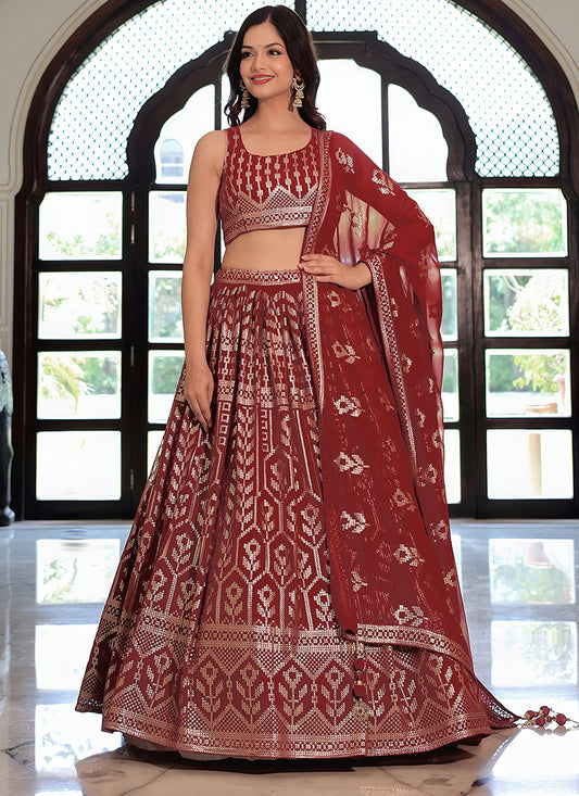 Maroon Embroidered & Heavy Sequins Lehenga Choli Set