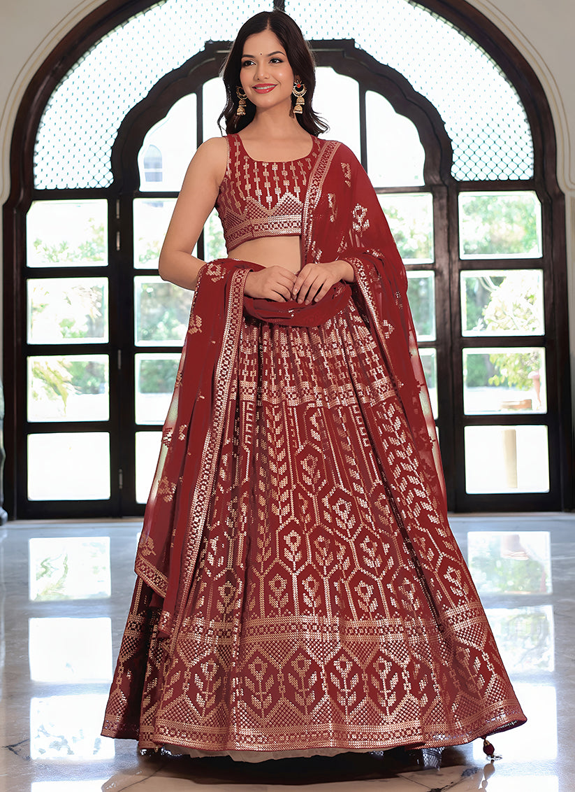 Maroon Embroidered & Heavy Sequins Lehenga Choli Set