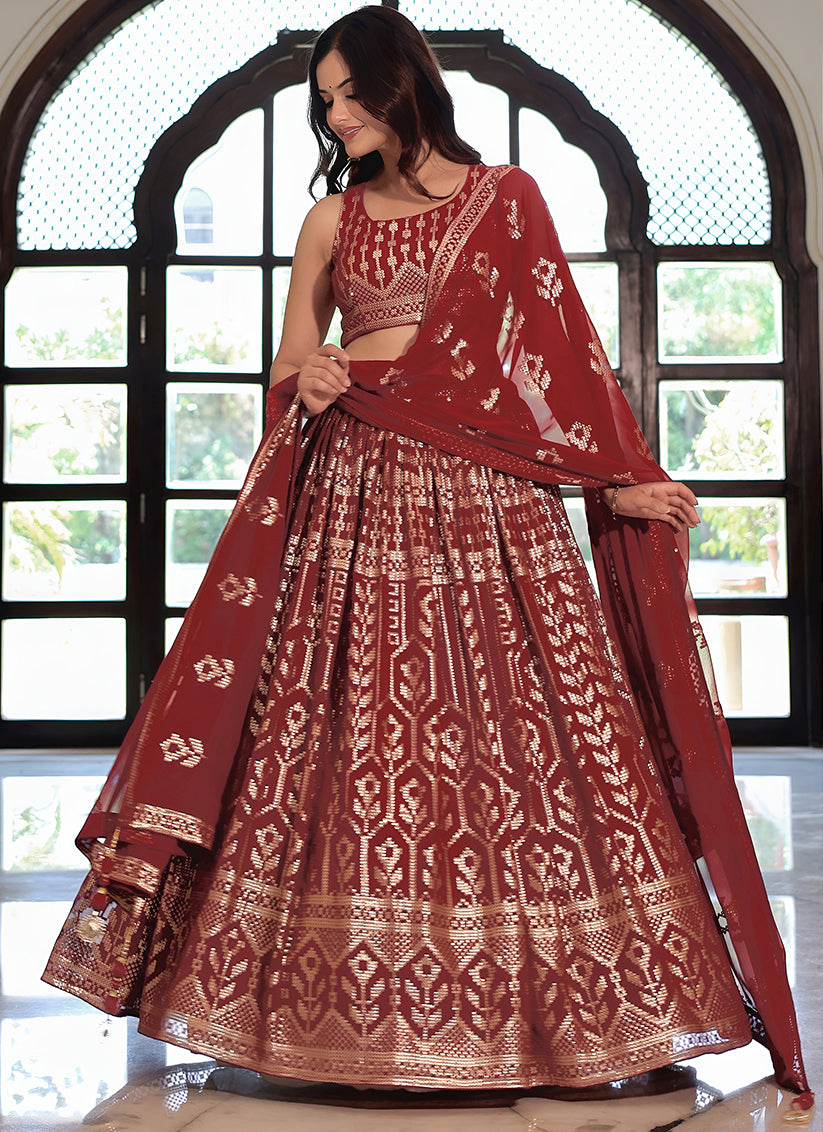 Maroon Embroidered & Heavy Sequins Lehenga Choli Set