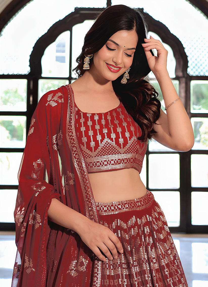 Maroon Embroidered & Heavy Sequins Lehenga Choli Set