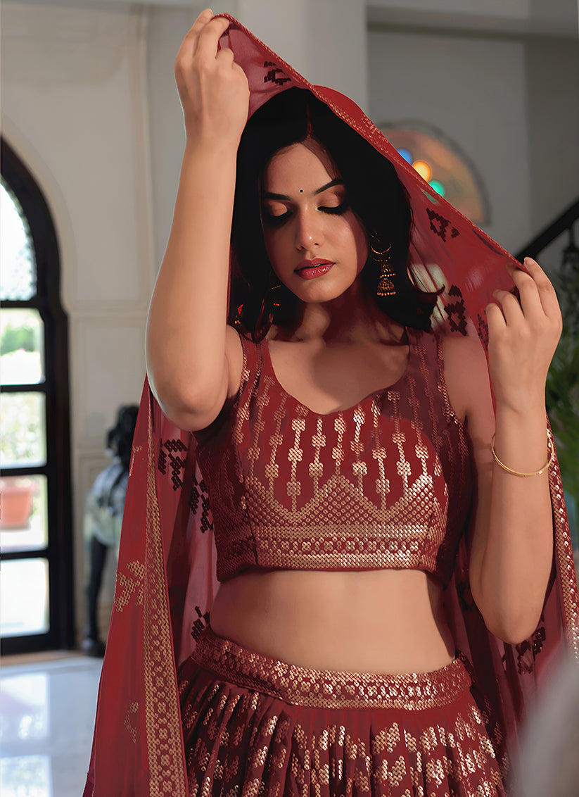 Maroon Embroidered & Heavy Sequins Lehenga Choli Set