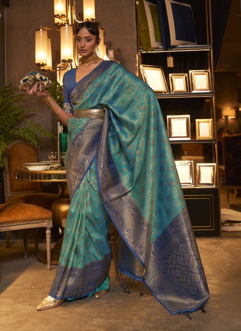 Firozi Chhaap Silk Handloom Weaving Saree