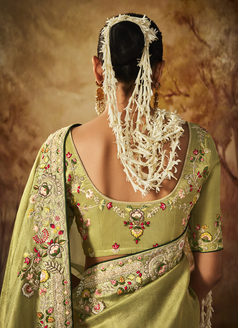 Mahendi Green Silk Embroidered Saree