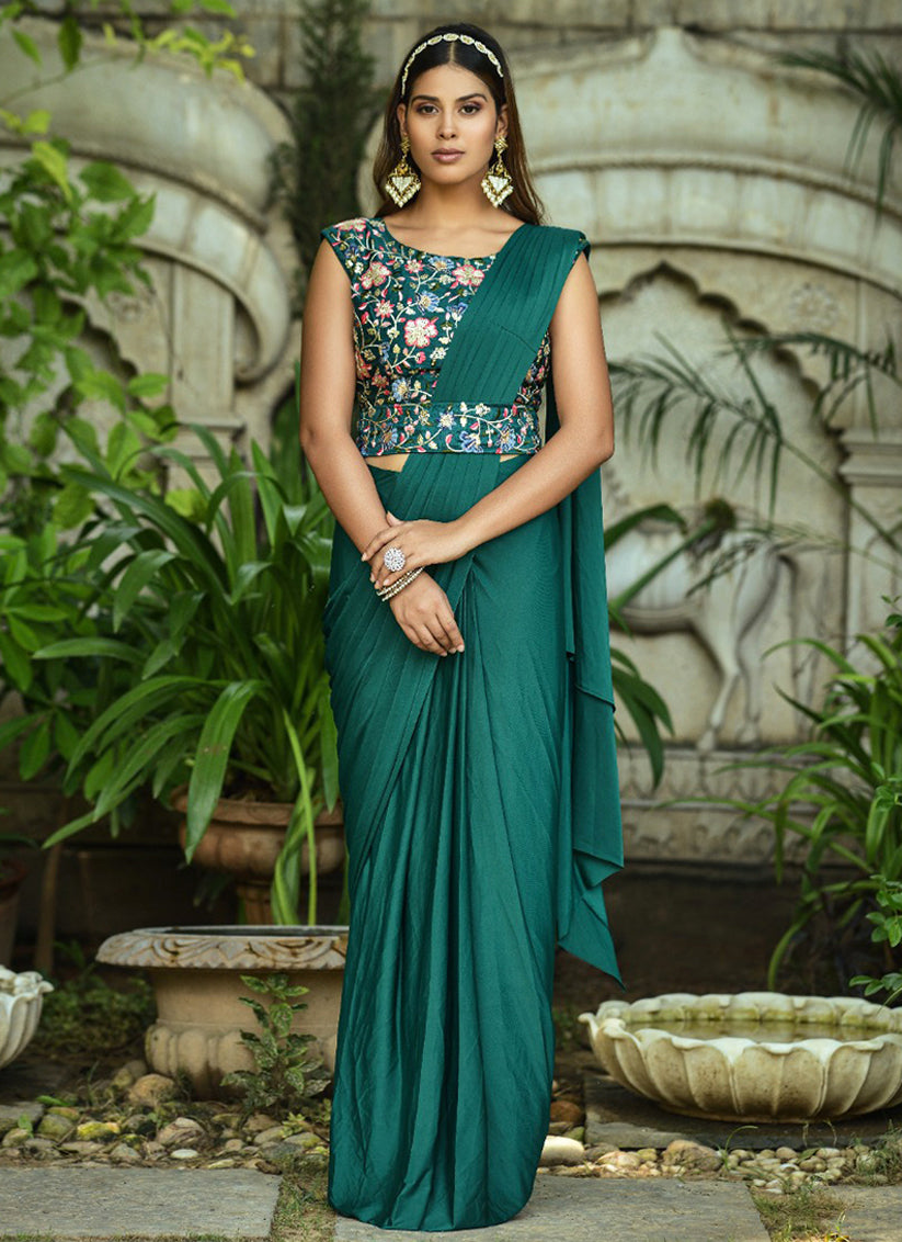 Rama Green Lycra Saree with Readymade Blouse