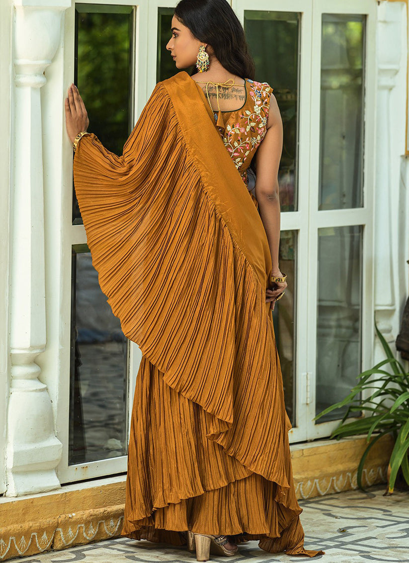Mustard Chinnon Saree with Readymade Blouse